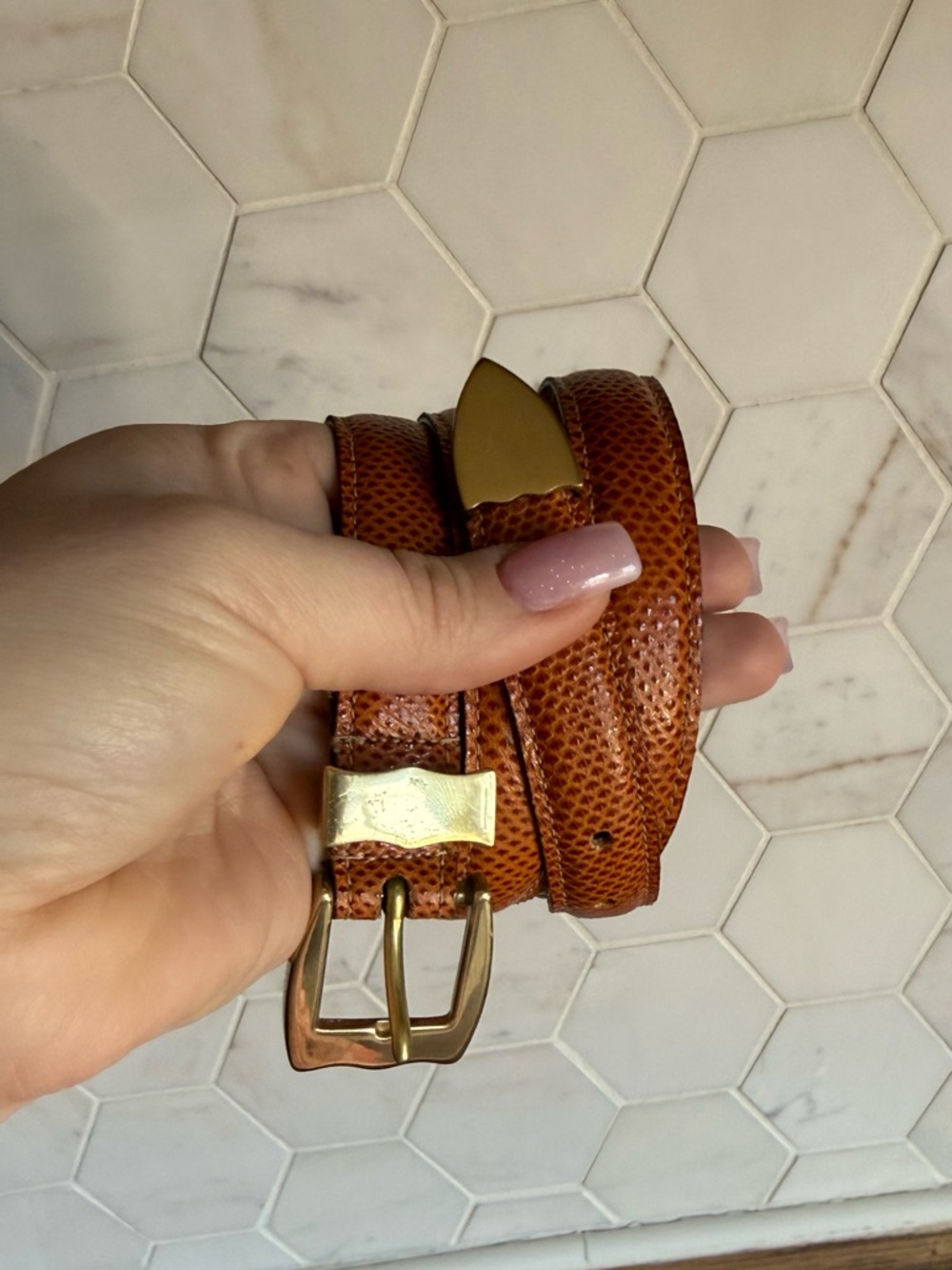 Vtg. Dooney & Bourke snakeskin Textured Brown Leather Belt with Gold Buckle